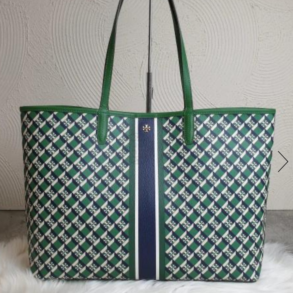 Tory Burch Green and Blue Checkered Geo Tote Bag